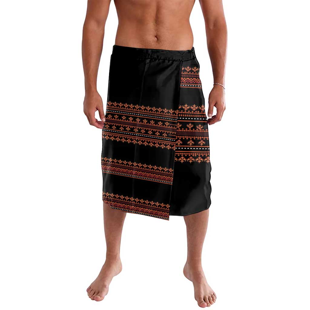 Black lavalava sarong skirt with red geometric stripe pattern and wrap front, front view
