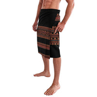 Black lavalava sarong with red geometric border print and wrap design, side view
