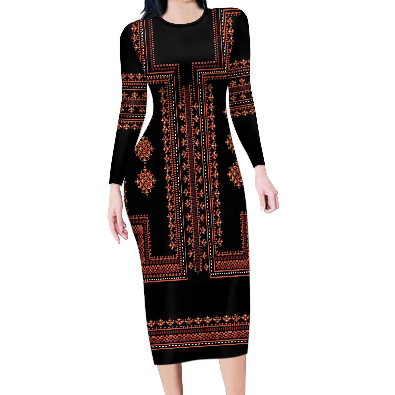 Bulgaria Traditional Pattern Red Long Sleeve Bodycon Dress Balkan Culture - Wonder Print Shop