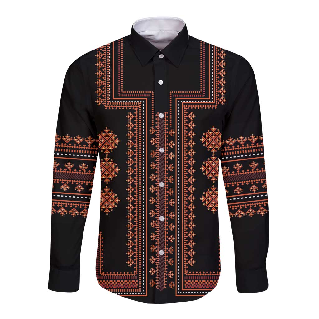 Traditional long-sleeve button shirt with red geometric embroidery, front placket and collar