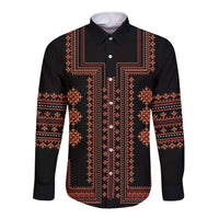 Traditional long-sleeve button shirt with red geometric embroidery, front placket and collar