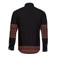 Traditional long-sleeve button shirt, back view with red geometric band and button cuffs