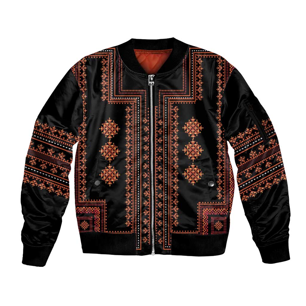 Bulgaria Traditional Pattern Red Sleeve Zip Bomber Jacket Balkan Culture - Wonder Print Shop