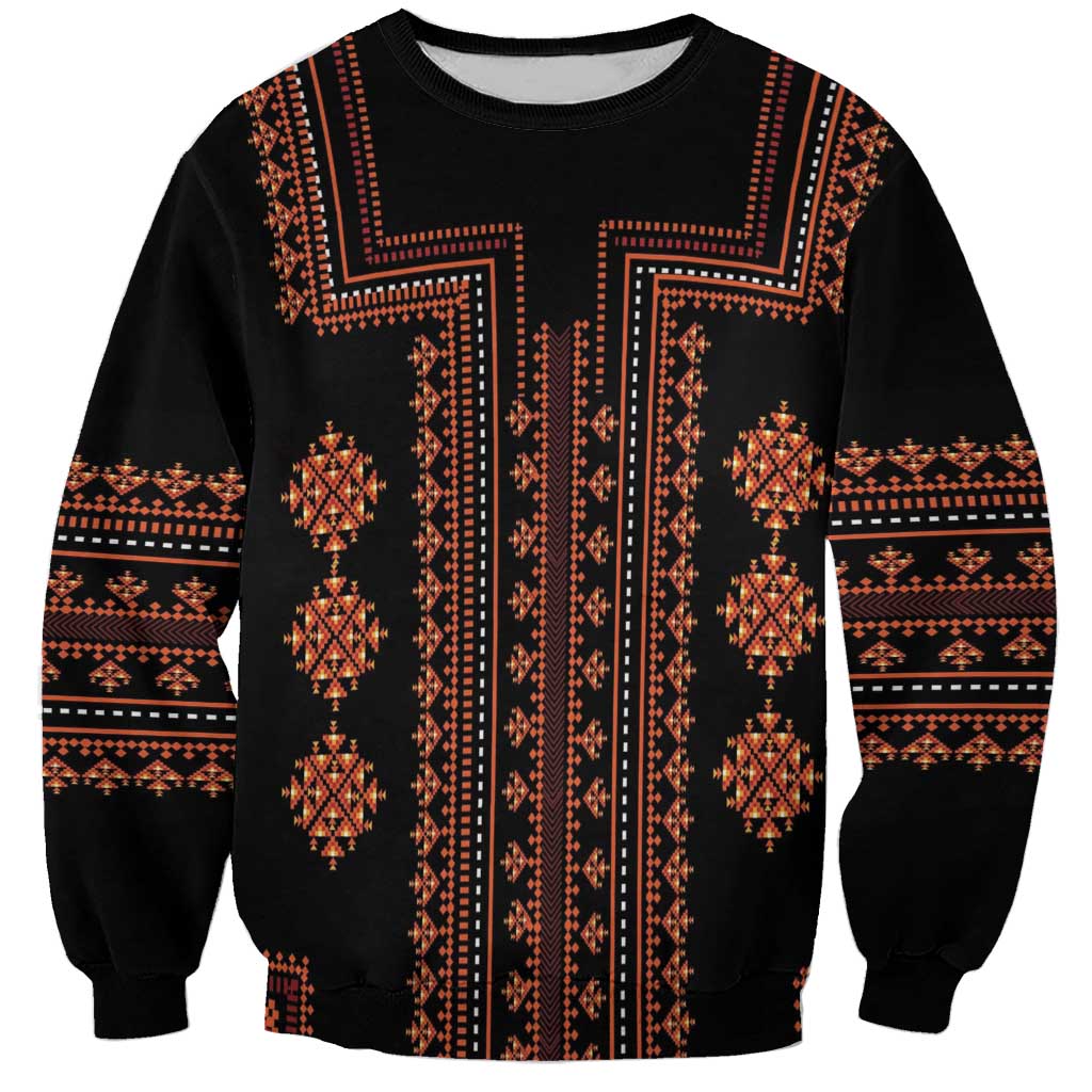Unisex black sweatshirt with red-orange vertical traditional panel print and ribbed cuffs