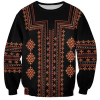 Unisex black sweatshirt with red-orange vertical traditional panel print and ribbed cuffs