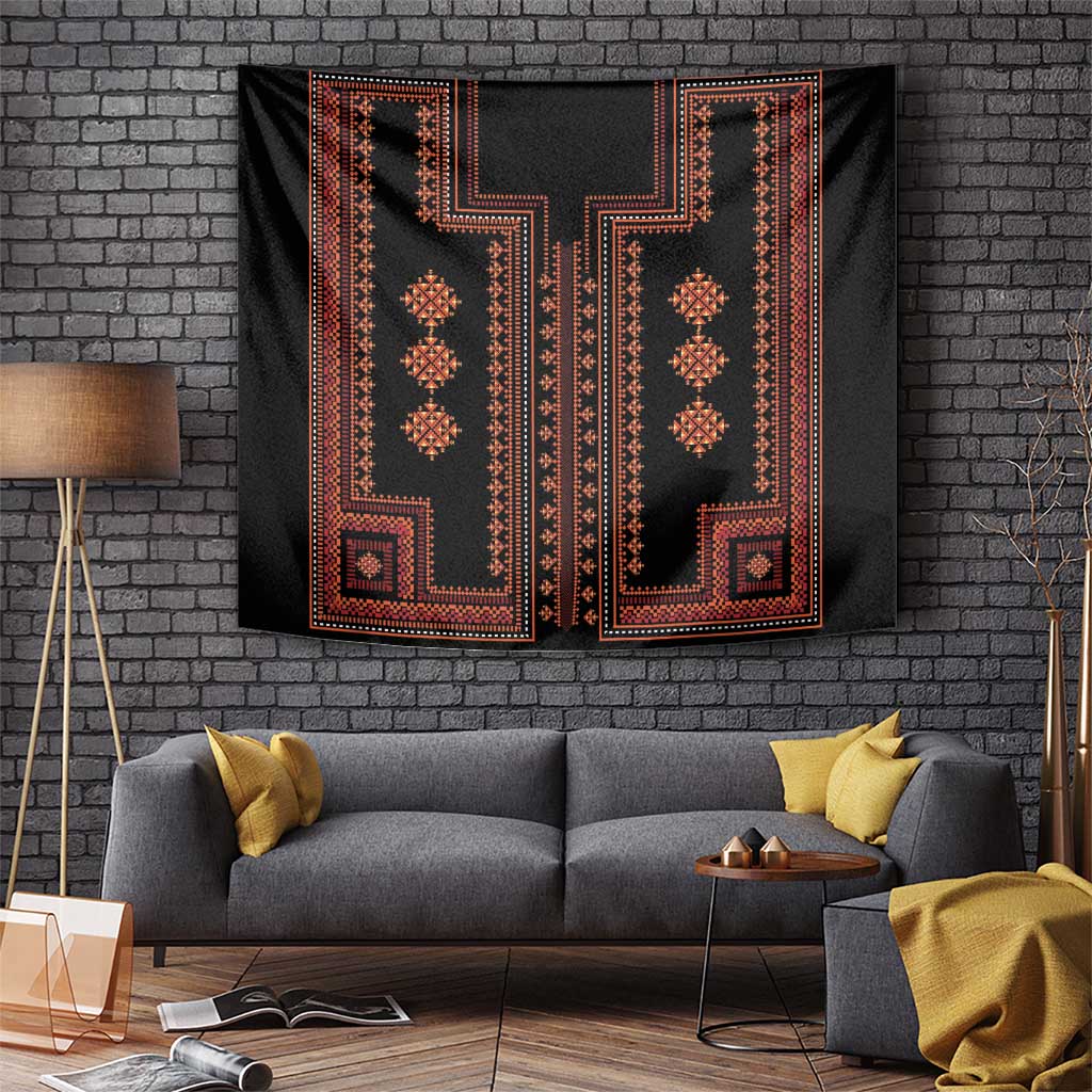 Dark geometric tapestry with red-orange frame, corner patterns, and vertical medallion motifs