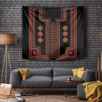 Dark geometric tapestry with red-orange frame, corner patterns, and vertical medallion motifs