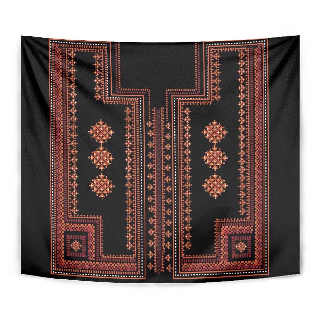 Dark geometric tapestry with orange-red medallion columns and decorative corner borders