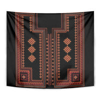 Dark geometric tapestry with orange-red medallion columns and decorative corner borders
