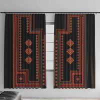 Traditional patterned window curtains, black fabric with red geometric border and medallions