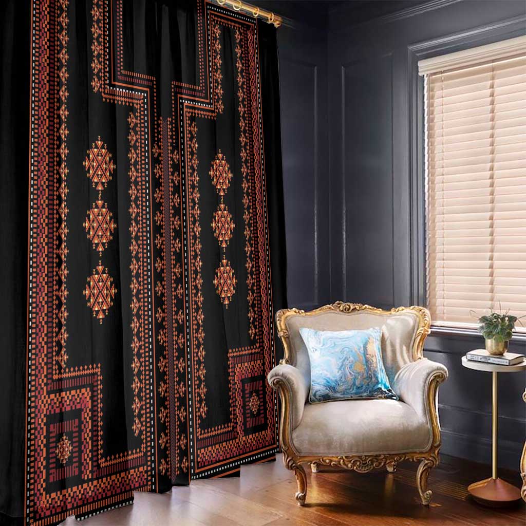 Traditional patterned window curtains with tall red geometric panels on black fabric