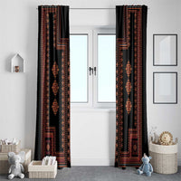 Pair of traditional patterned window curtains, black with red ornate border and medallions