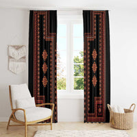 Traditional patterned window curtains, black fabric with red vertical lattice and diamond shapes