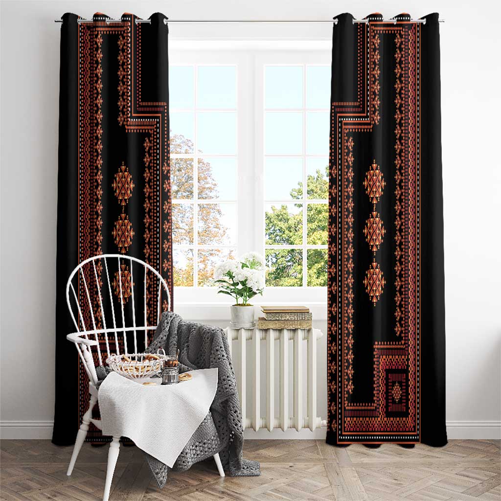 Traditional patterned window curtains with hanging rings, black fabric and red geometric panels