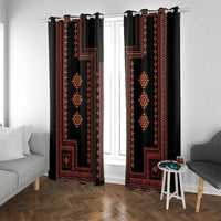 Traditional patterned window curtains, black fabric with red trim, medallion and border details