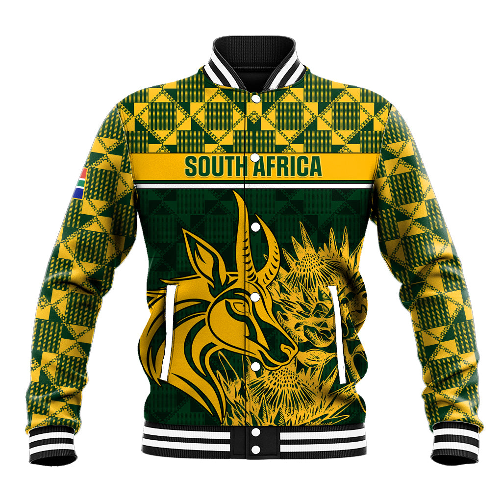 Green baseball jacket with yellow check sleeves, kangaroo graphic, striped rib collar