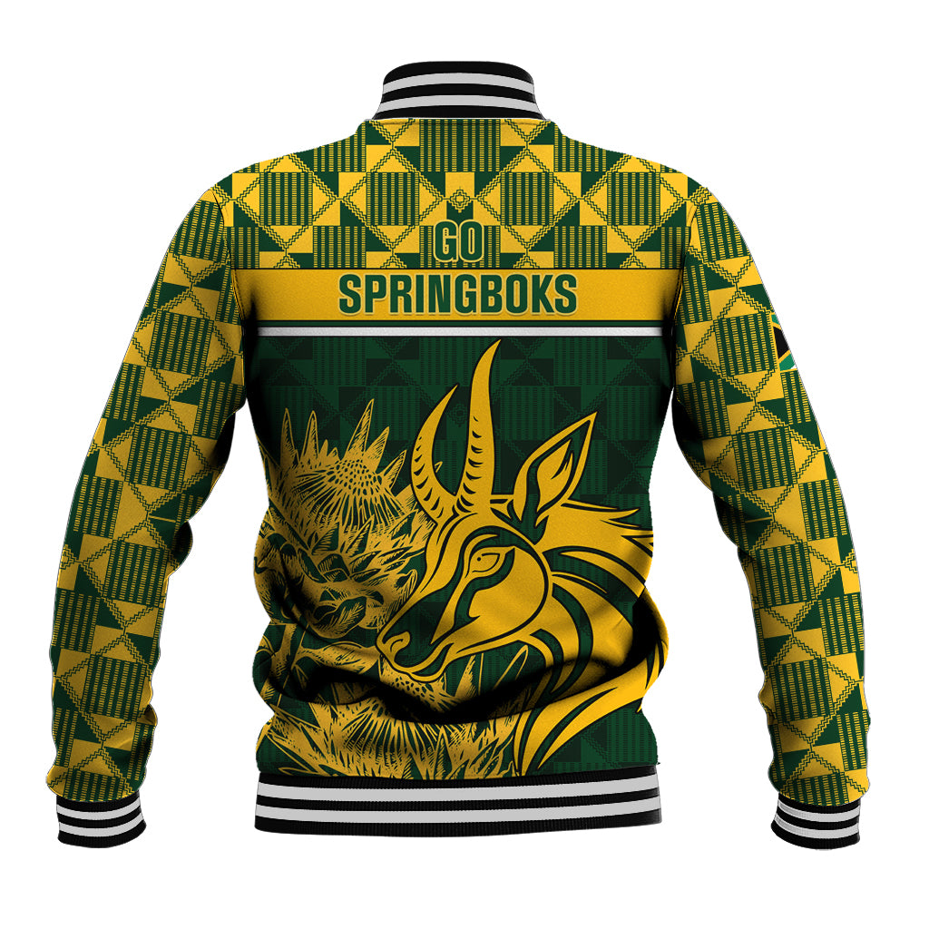 Green baseball jacket back with Springboks wordmark, large animal graphic, rib stripes
