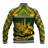 Green baseball jacket back with Springboks wordmark, large animal graphic, rib stripes