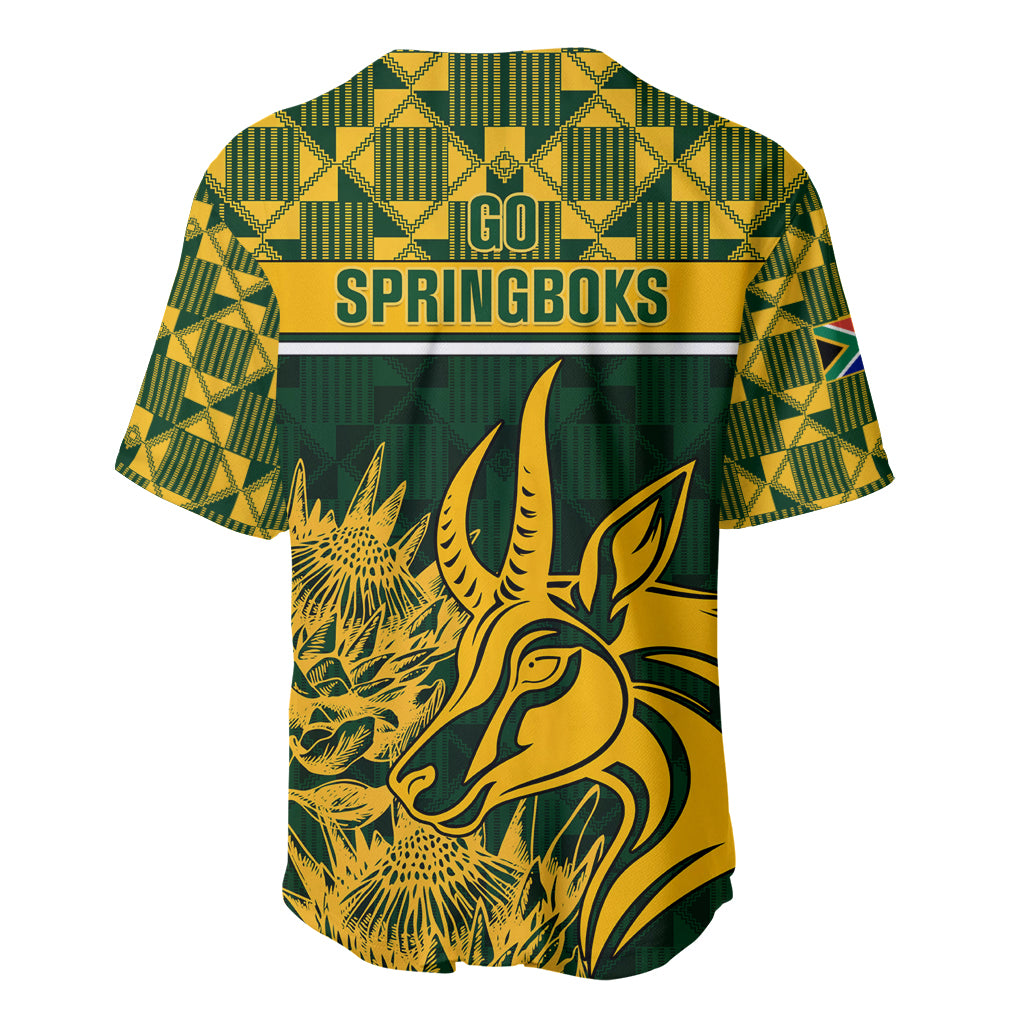 Green rugby baseball jersey with Go Springboks text and large springbok front graphic