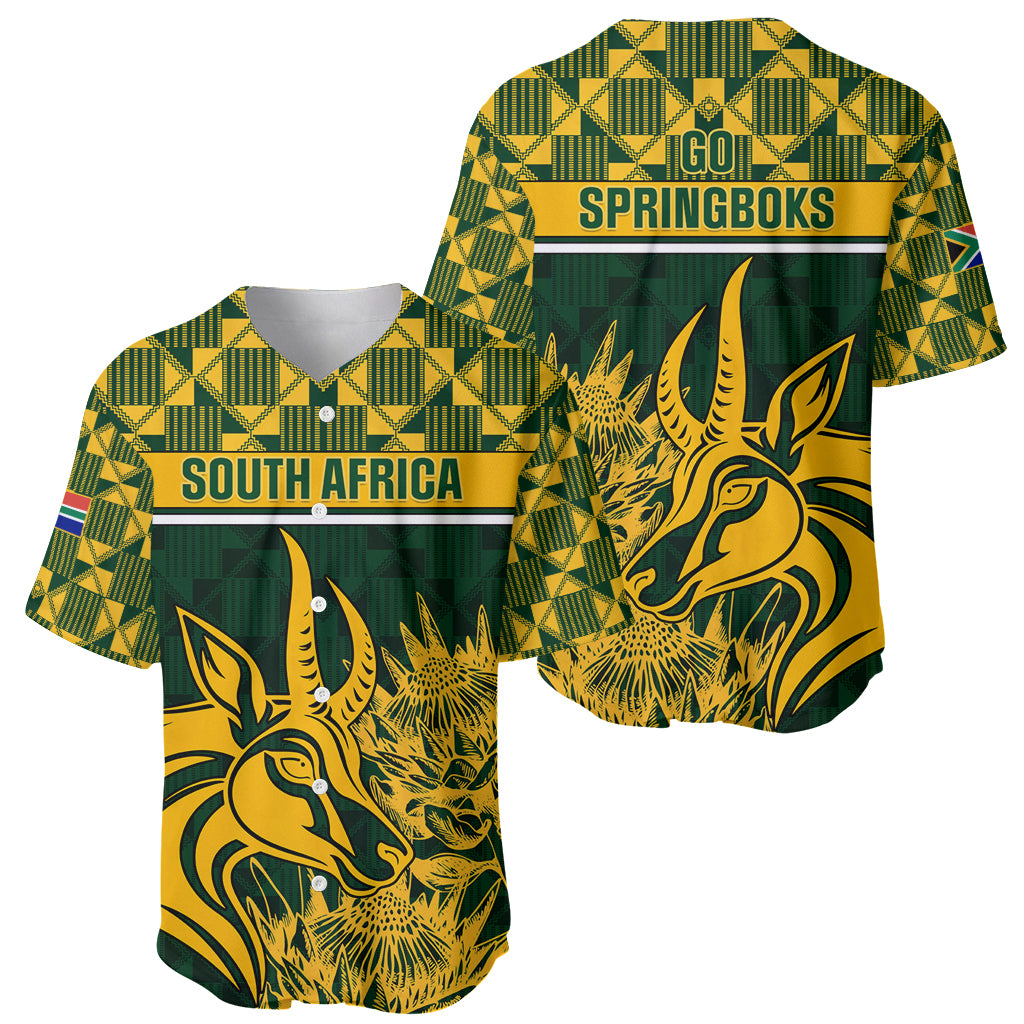 Green rugby baseball jersey with South Africa text and springbok graphic, front view