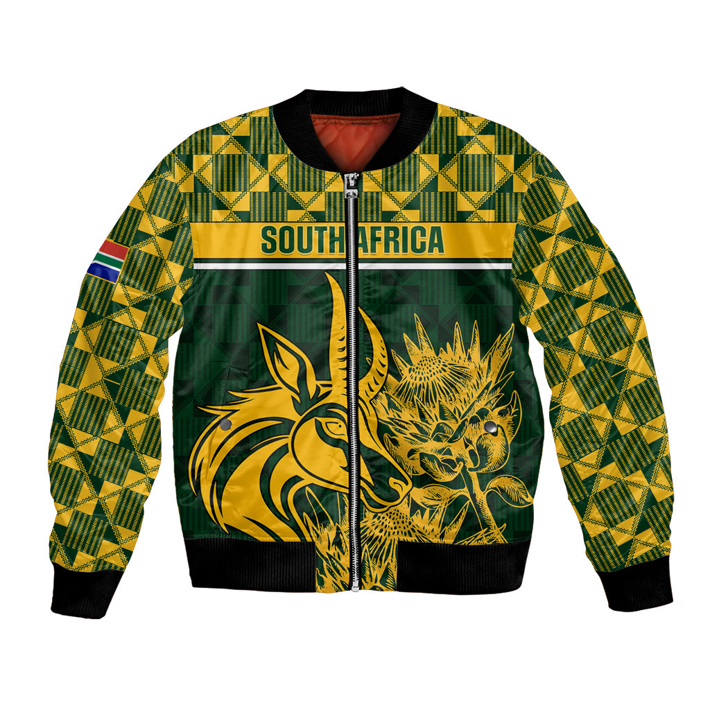 Green bomber jacket with front zipper, tribal pattern and South Africa graphic