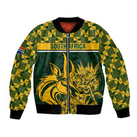 Green bomber jacket with front zipper, tribal pattern and South Africa graphic