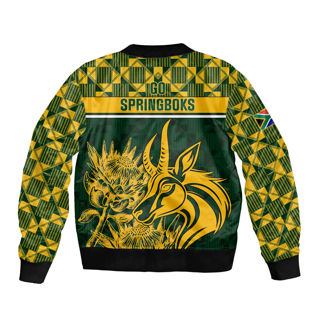 Green bomber jacket with back print, tribal pattern and Springboks text