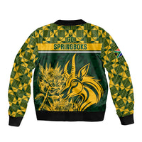 Green bomber jacket with back print, tribal pattern and Springboks text