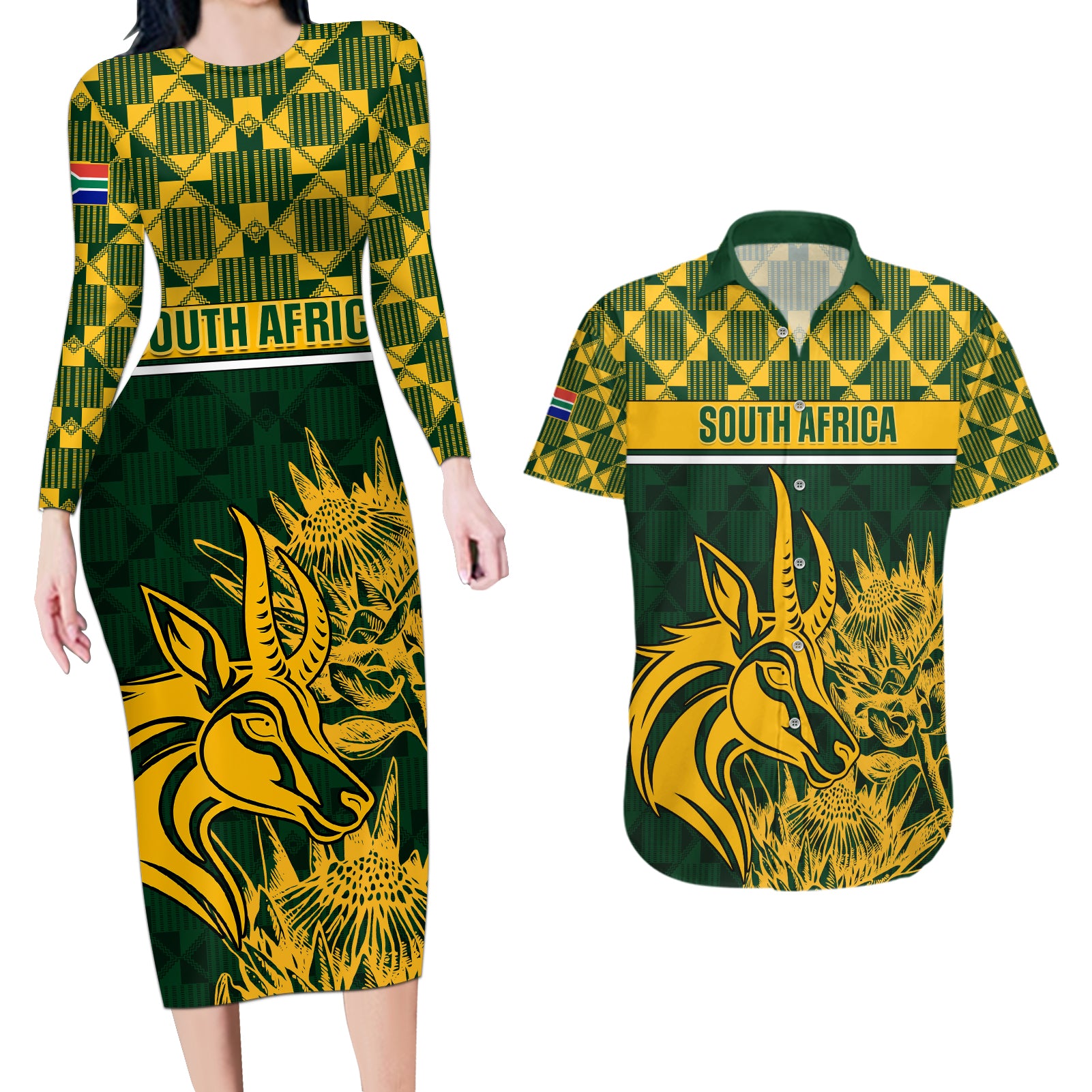 South Africa Rugby Couples Matching Long Sleeve Bodycon Dress and Hawaiian Shirt Go Springboks African Pattern - Wonder Print Shop