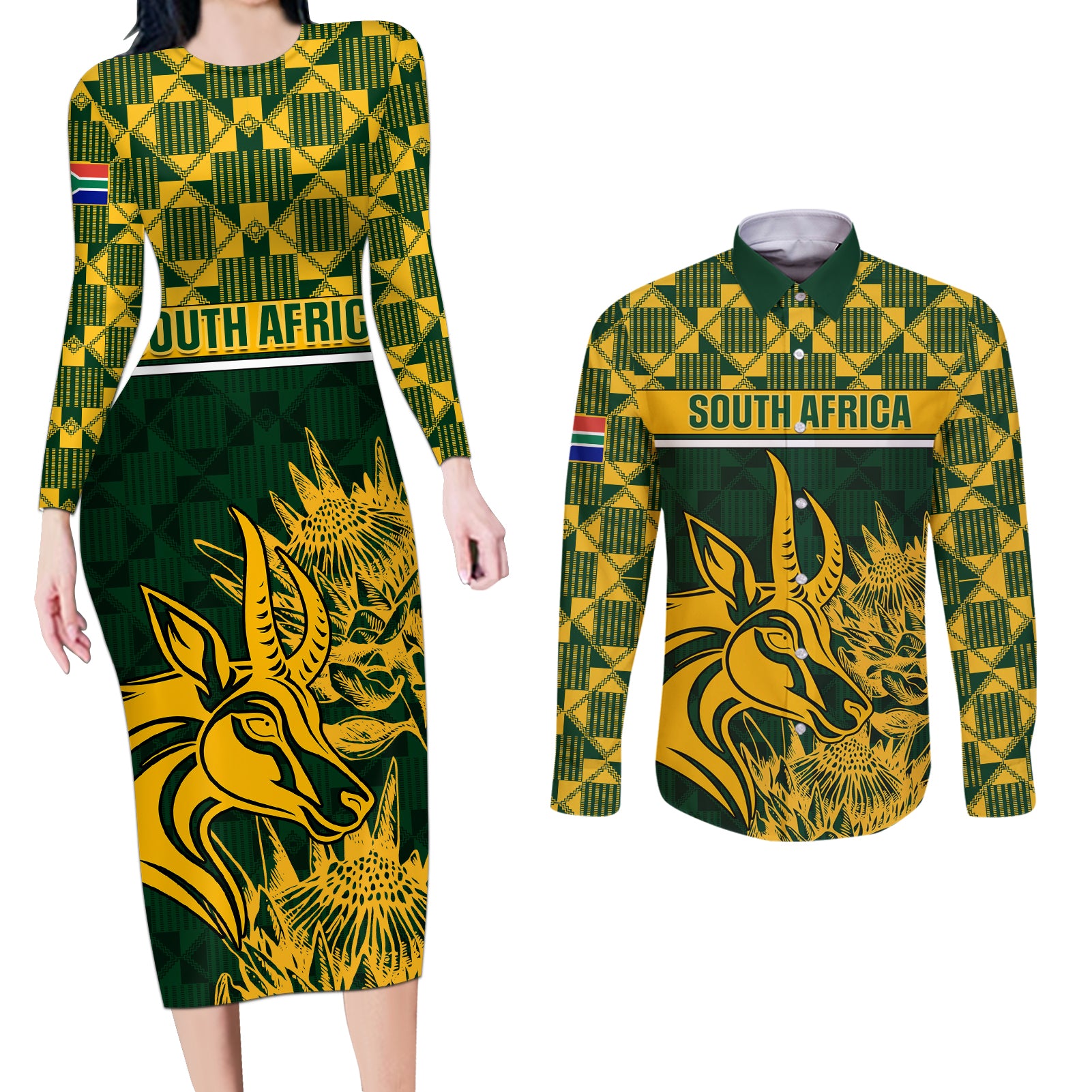 South Africa Rugby Couples Matching Long Sleeve Bodycon Dress and Long Sleeve Button Shirts Go Springboks African Pattern - Wonder Print Shop