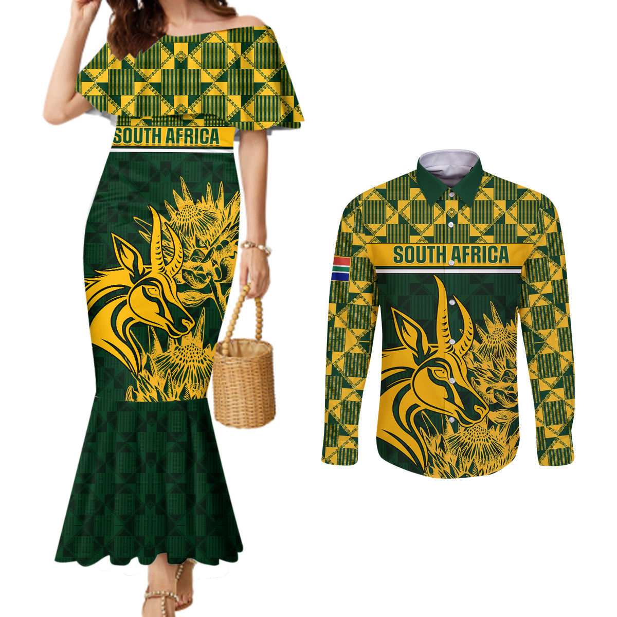 South Africa Rugby Couples Matching Mermaid Dress and Long Sleeve Button Shirts Go Springboks African Pattern LT01