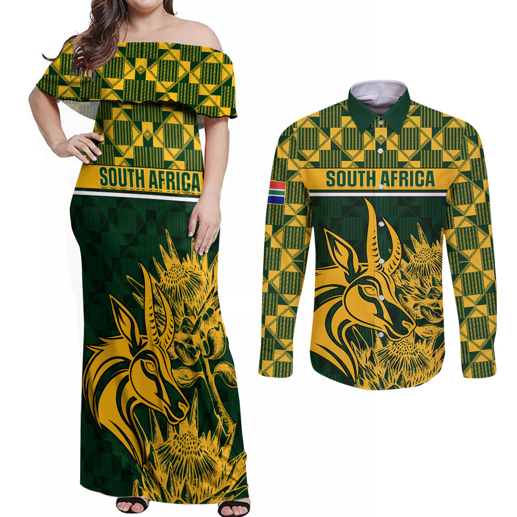 South Africa Rugby Couples Matching Off Shoulder Maxi Dress and Long Sleeve Button Shirts Go Springboks African Pattern - Wonder Print Shop