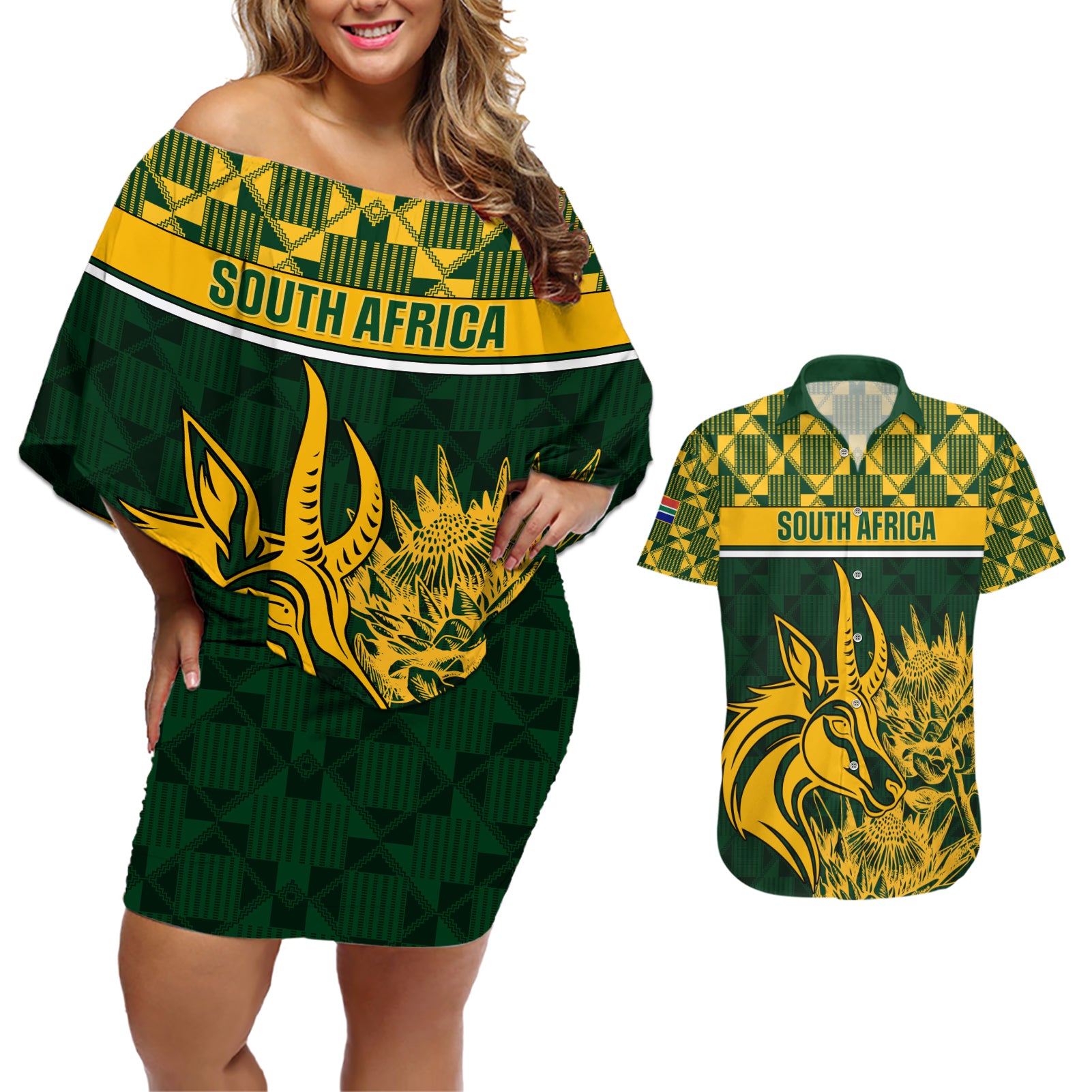 South Africa Rugby Couples Matching Off Shoulder Short Dress and Hawaiian Shirt Go Springboks African Pattern - Wonder Print Shop