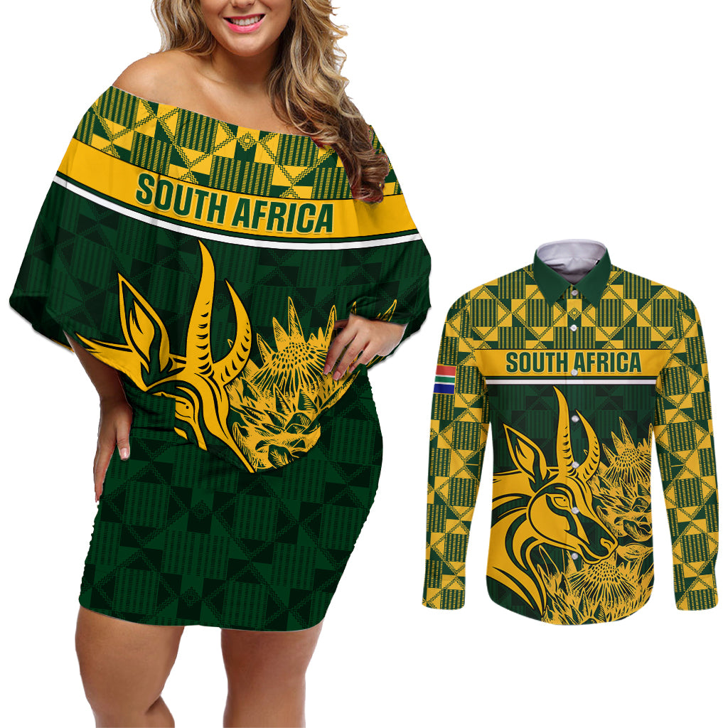 South Africa Rugby Couples Matching Off Shoulder Short Dress and Long Sleeve Button Shirts Go Springboks African Pattern - Wonder Print Shop