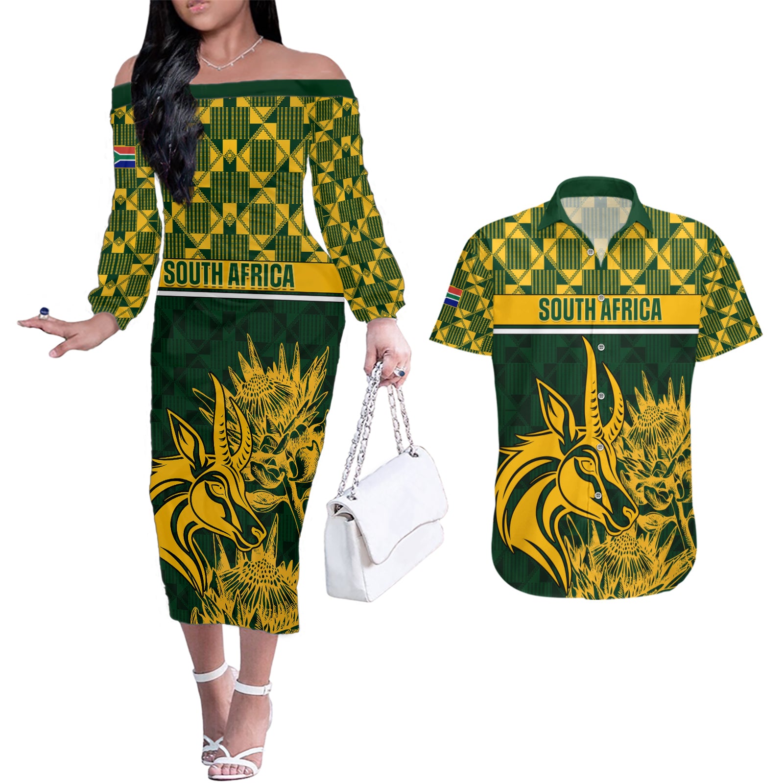 South Africa Rugby Couples Matching Off The Shoulder Long Sleeve Dress and Hawaiian Shirt Go Springboks African Pattern - Wonder Print Shop