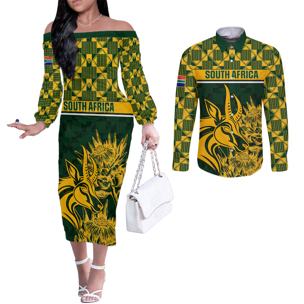 South Africa Rugby Couples Matching Off The Shoulder Long Sleeve Dress and Long Sleeve Button Shirts Go Springboks African Pattern LT01