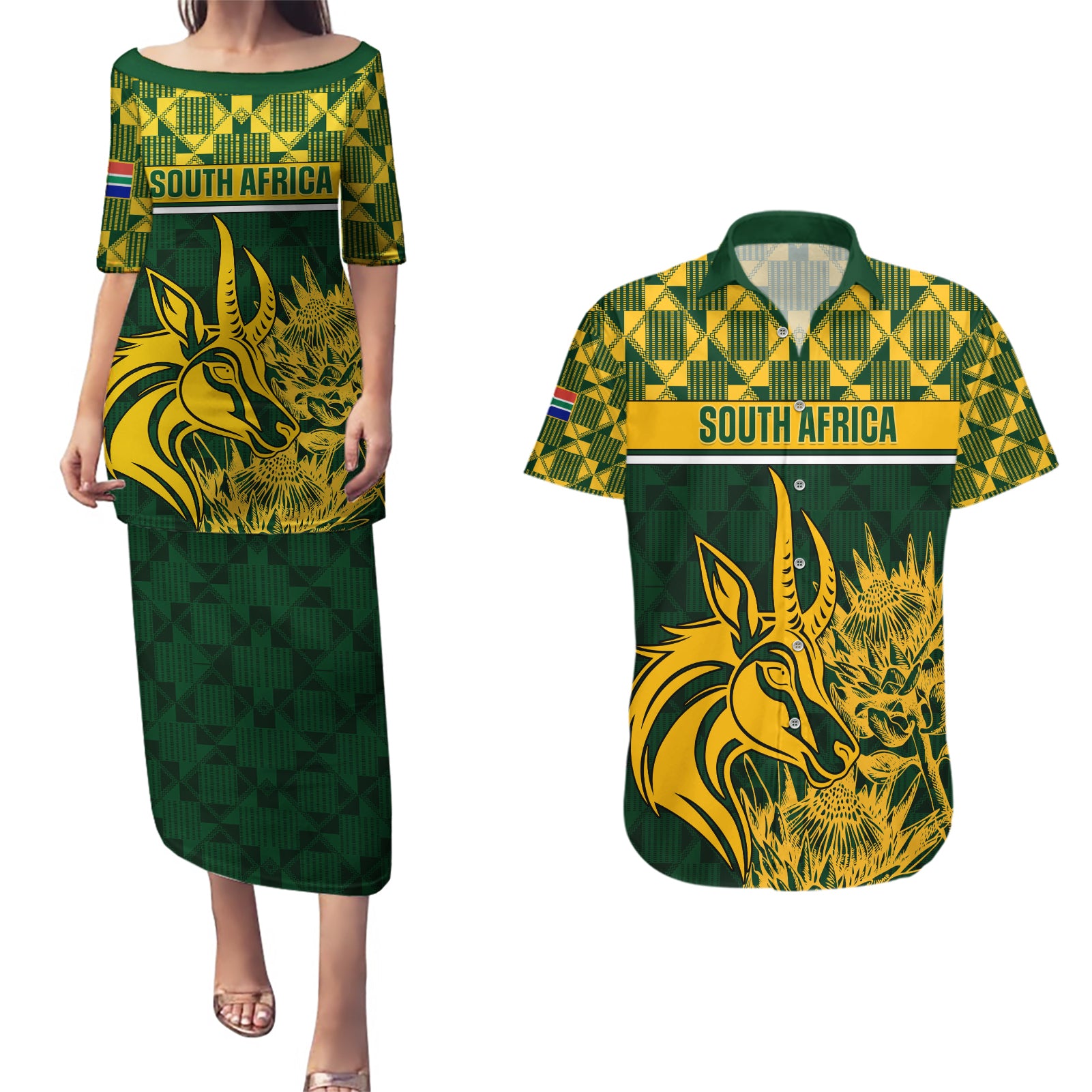 South Africa Rugby Couples Matching Puletasi Dress and Hawaiian Shirt Go Springboks African Pattern - Wonder Print Shop