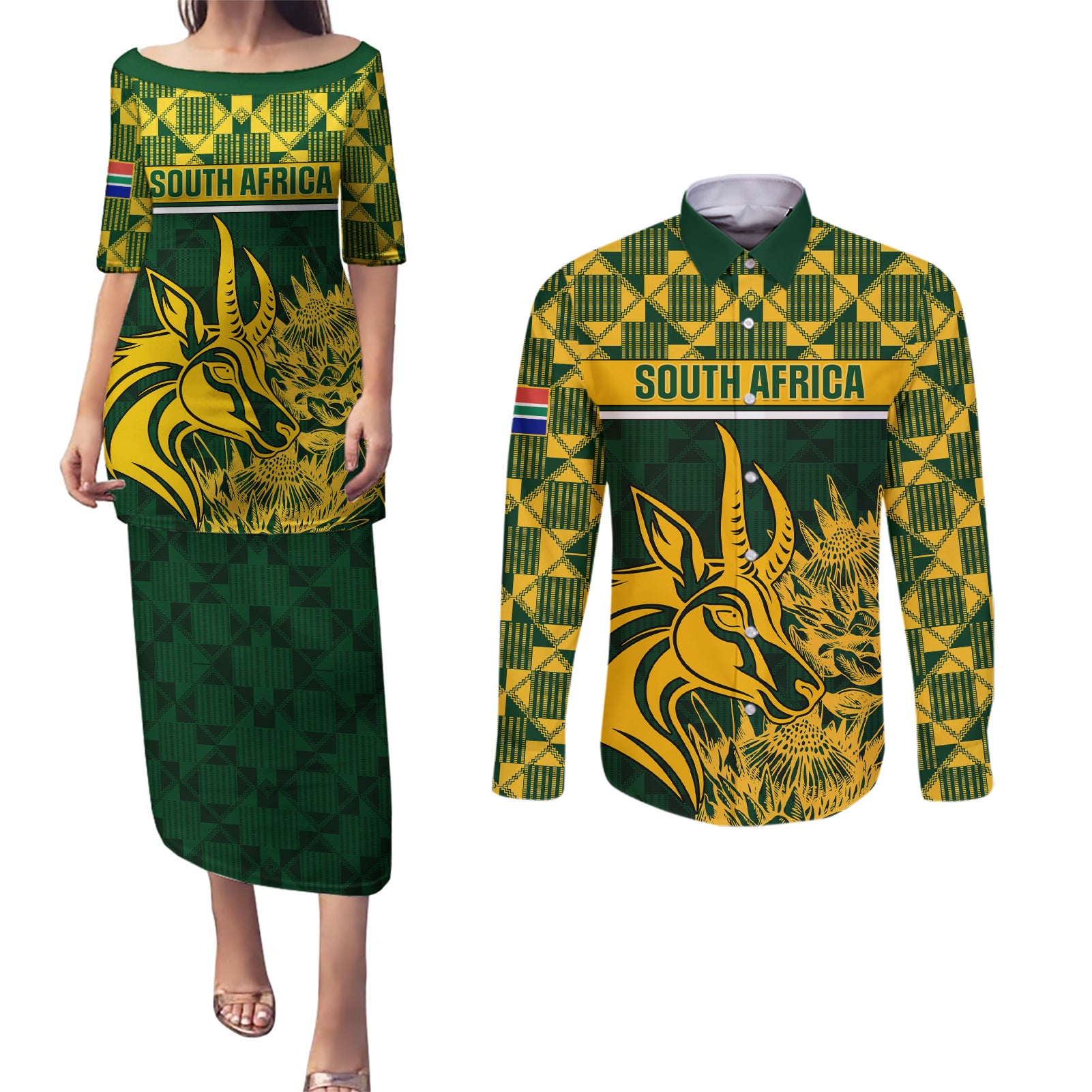 South Africa Rugby Couples Matching Puletasi Dress and Long Sleeve Button Shirts Go Springboks African Pattern - Wonder Print Shop