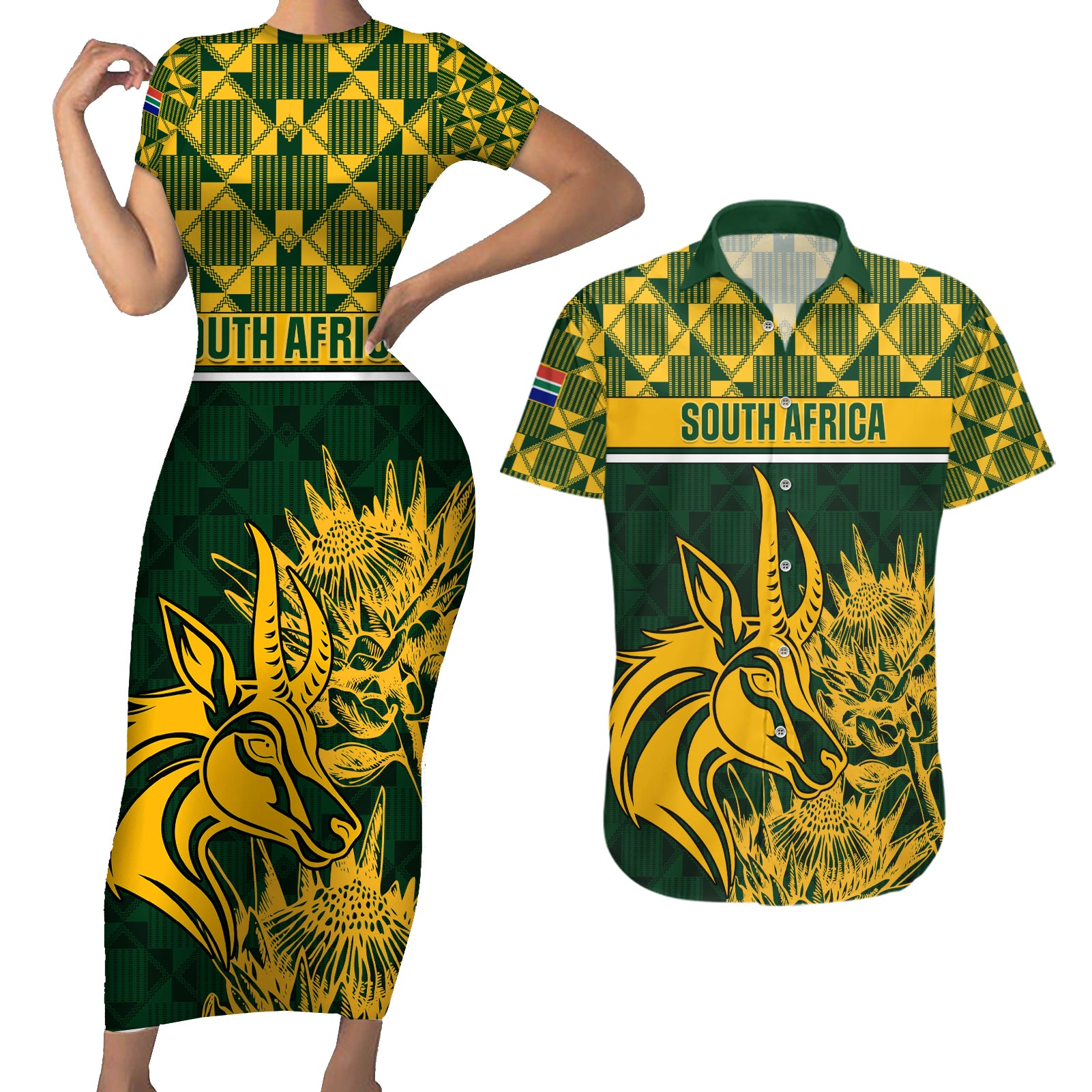 South Africa Rugby Couples Matching Short Sleeve Bodycon Dress and Hawaiian Shirt Go Springboks African Pattern - Wonder Print Shop