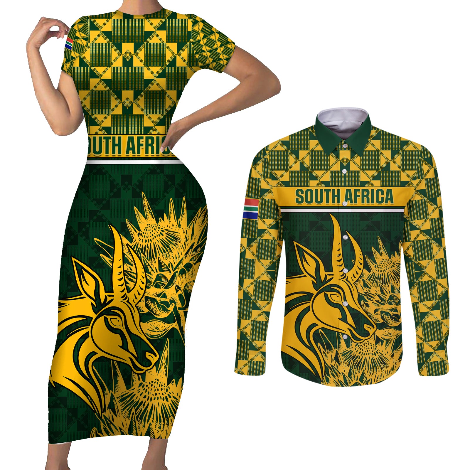 South Africa Rugby Couples Matching Short Sleeve Bodycon Dress and Long Sleeve Button Shirts Go Springboks African Pattern - Wonder Print Shop