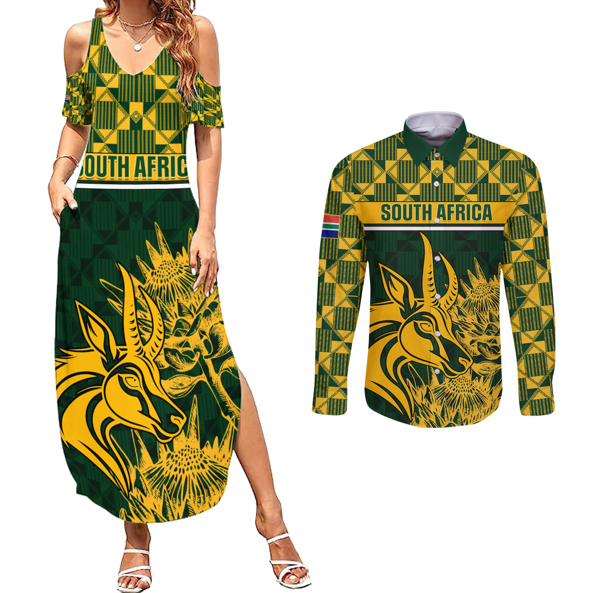 South Africa Rugby Couples Matching Summer Maxi Dress and Long Sleeve Button Shirts Go Springboks African Pattern - Wonder Print Shop