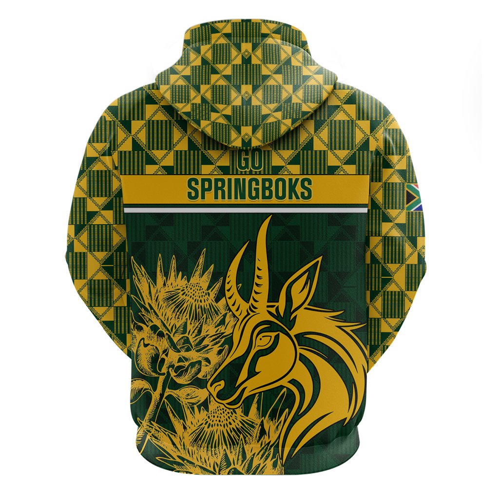 Green pullover hoodie with “GO SPRINGBOKS” text and large springbok graphic