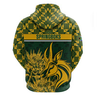Green pullover hoodie with “GO SPRINGBOKS” text and large springbok graphic