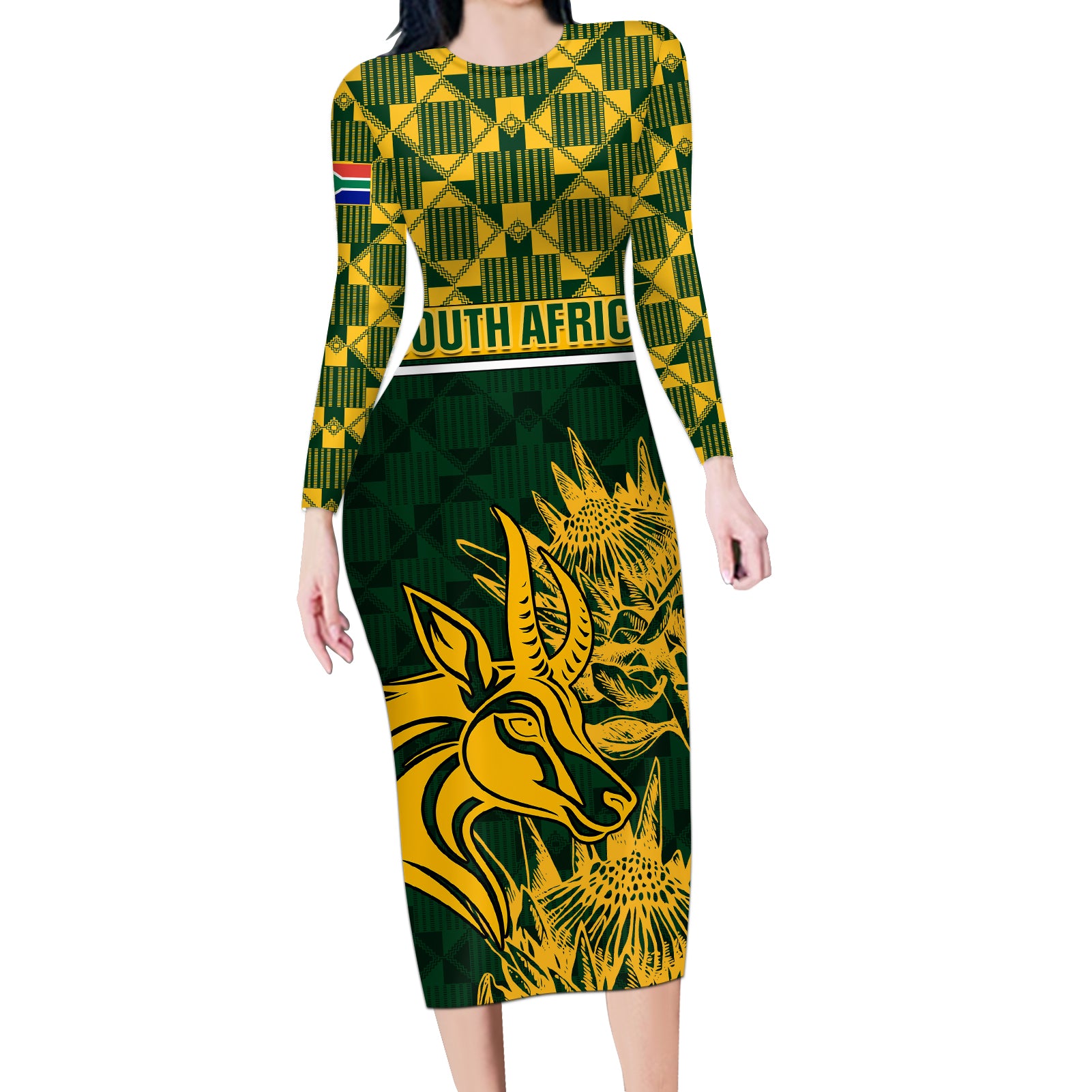 South Africa Rugby Long Sleeve Bodycon Dress Go Springboks African Pattern LT01