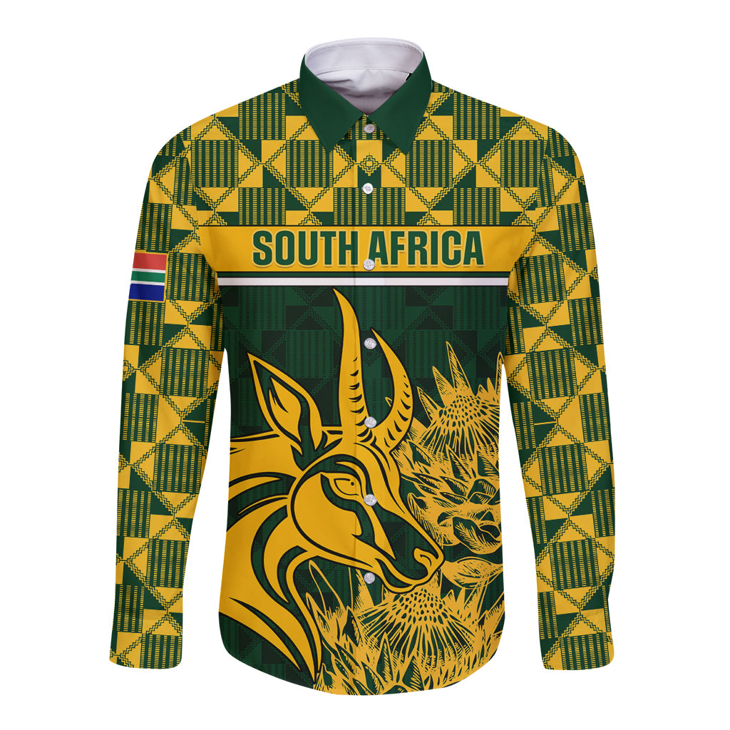 Green long-sleeve button rugby shirt with yellow geometric pattern and antelope head graphic