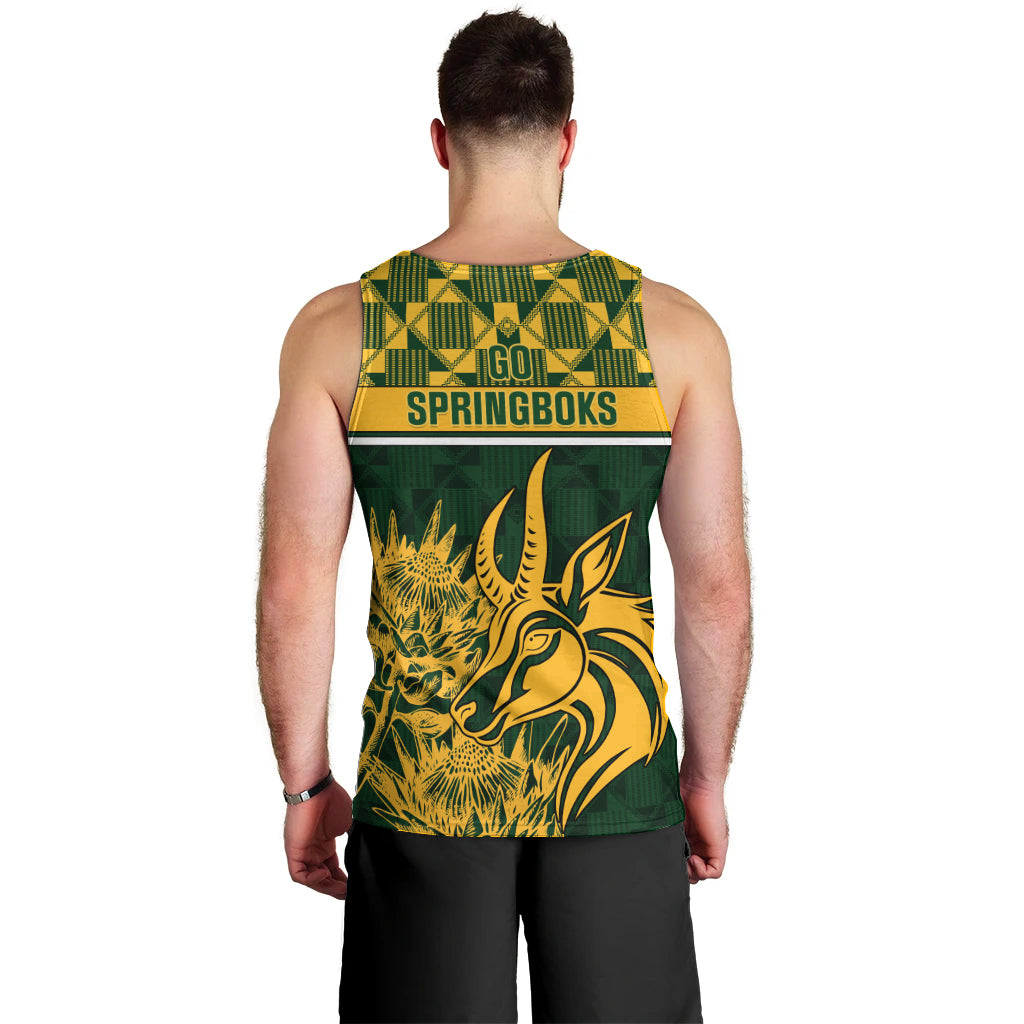 Men’s green rugby tank top, back view, yellow “GO SPRINGBOKS” graphic