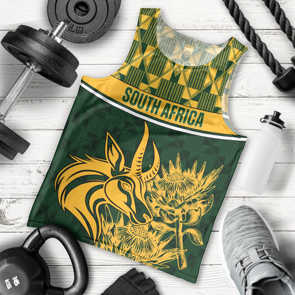 Green rugby tank top flat lay with yellow/gold kangaroo graphic and “SOUTH AFRICA”