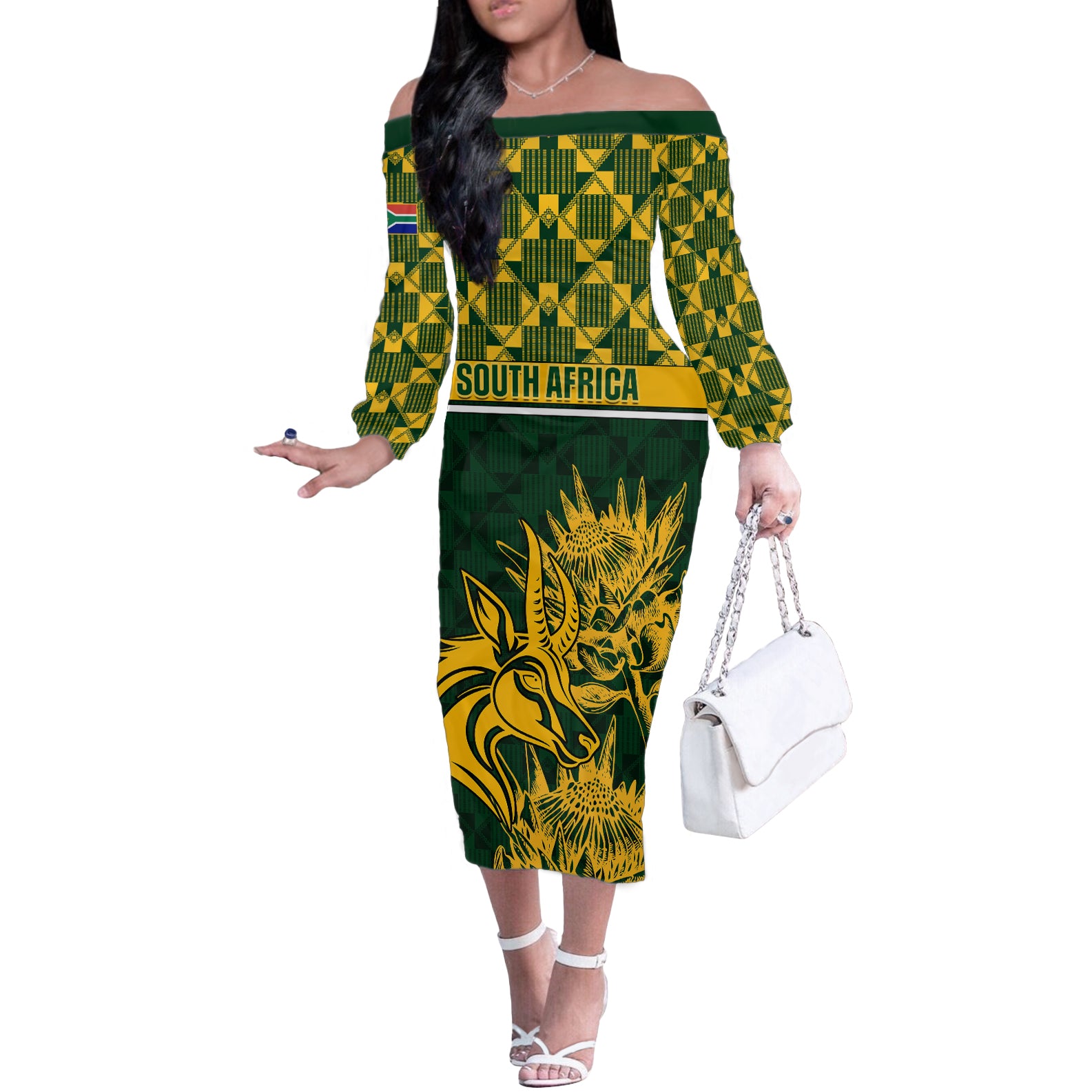 South Africa Rugby Off The Shoulder Long Sleeve Dress Go Springboks African Pattern LT01