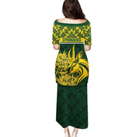 Green long dress with yellow back print of South Africa, short sleeves, round neck
