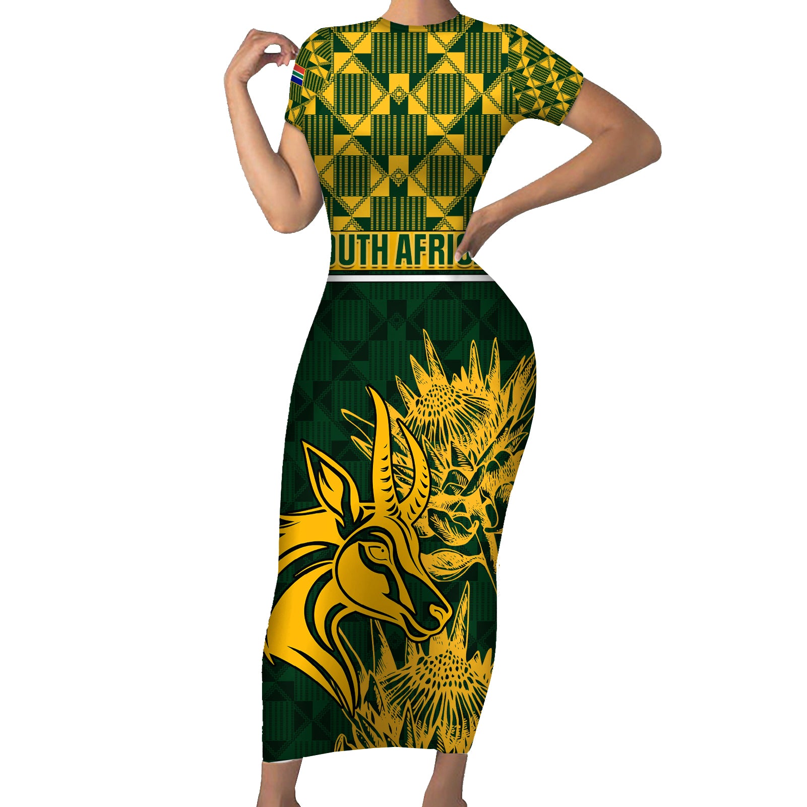 South Africa Rugby Short Sleeve Bodycon Dress Go Springboks African Pattern LT01